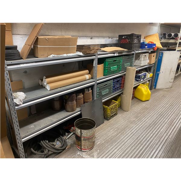 3 ADJUSTABLE SHELVING UNITS OF ASSORTED PRODUCTION STOCK & CONTENTS OF CORNER OF STORAGE TRAILER