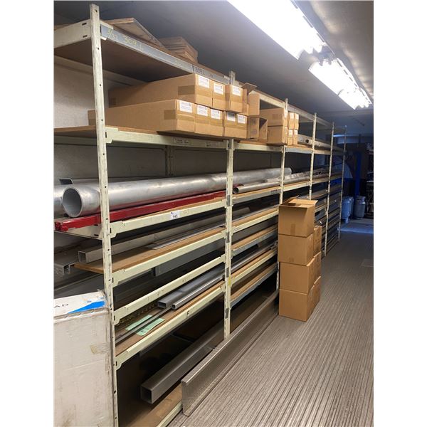 5 BAYS OF ADJUSTABLE PRODUCT SHELVING WITH ASSORTED ALUMINUM TUBING, BOX TUBING, & ANGLE STOCK