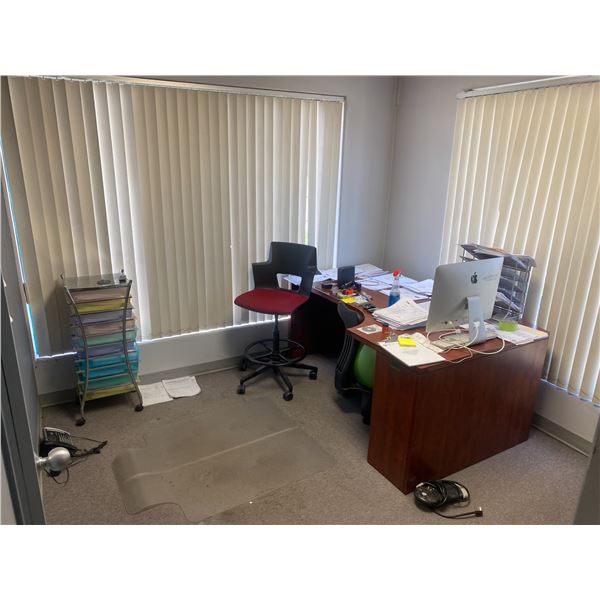 CONTENTS OF SALES OFFICE INCLUDING: DESK, BOOKCASE, BALL CHAIR, DRAFTING CHAIR, WHITEBOARD,