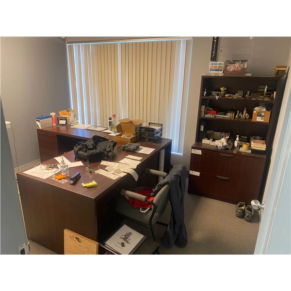 CONTENTS OF SALES OFFICE INCLUDING: DESK, BOOKCASE FILE CABINET, BALL CHAIR, DRAFTING CHAIR,