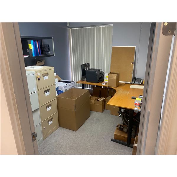 CONTENTS OF SALES OFFICE INCLUDING: DESK, 3 METAL 4 DRAWER FILE CABINETS, 2 TIER WALL SHELF &