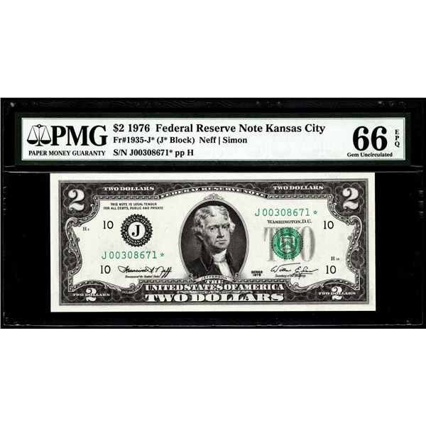 1976 $2 Federal Reserve STAR Note Kansas City Fr.1935-J* PMG Gem Uncirculated 66EPQ