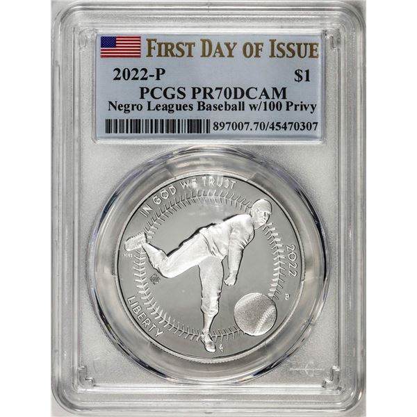 2022-P $1 Proof Negro Leagues Baseball Silver Dollar Coin PCGS PR70DCAM FDOI