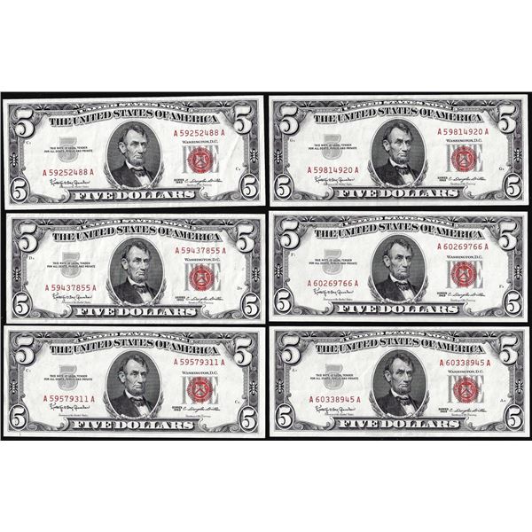 Lot of (6) 1963 $5 Legal Tender Notes