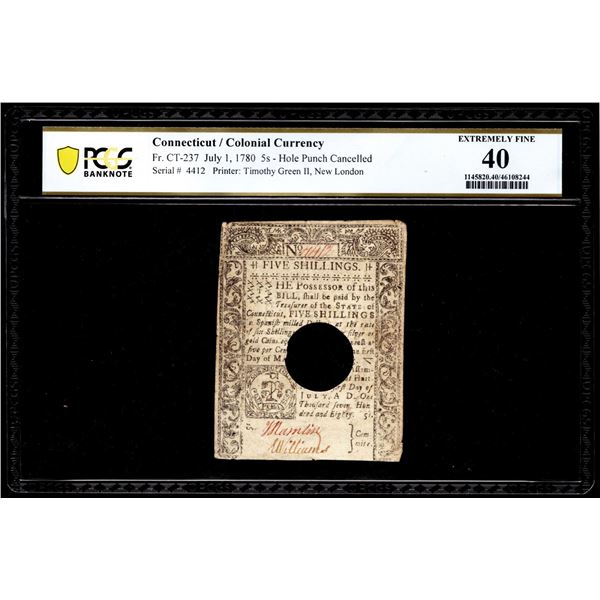 1780 Connecticut 5 Shillings Colonial Currency Note Fr. CT-237 PCGS Extremely Fine 40