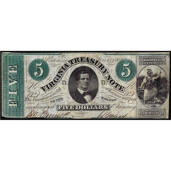 1862 $5 Virginia Treasury Note Obsolete Note
