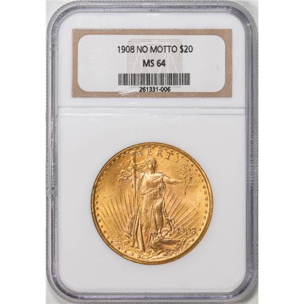1908 No Motto $20 St. Gaudens Double Eagle Gold Coin NGC MS64