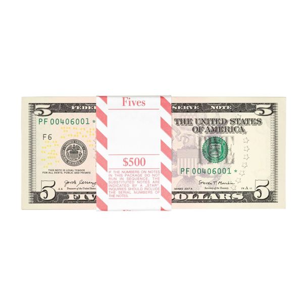 Pack of (100) Consecutive 2017A $5 Federal Reserve STAR Notes Atlanta