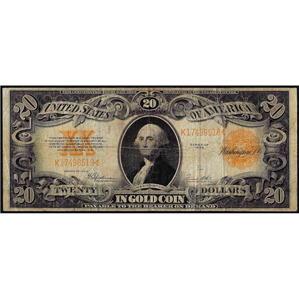 1922 $20 Gold Certificate Note