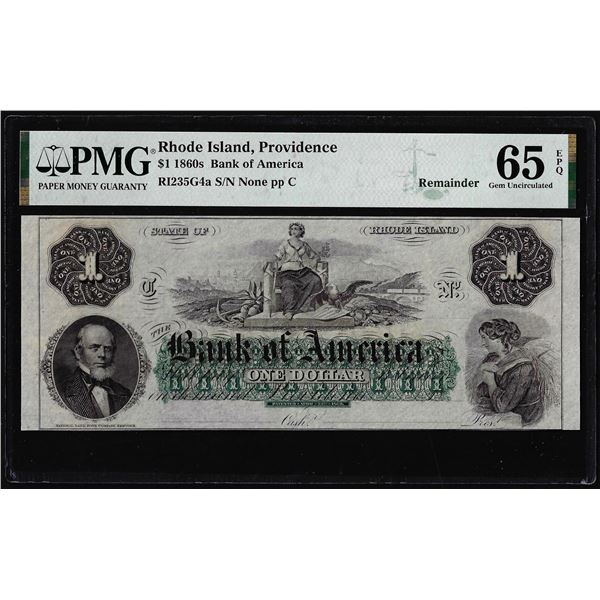 1860's $1 Bank of America Providence, RI Obsolete Note PMG Gem Uncirculated 65EPQ