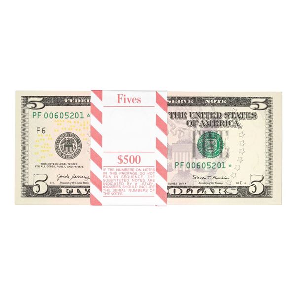 Pack of (100) Consecutive 2017A $5 Federal Reserve STAR Notes Atlanta