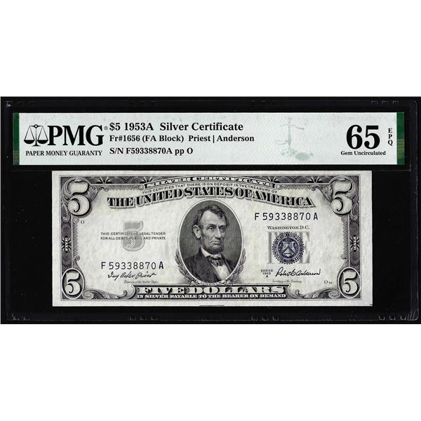 1953A $5 Silver Certificate Note Fr.1656 PMG Gem Uncirculated 65EPQ