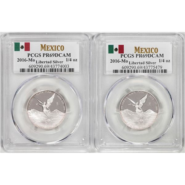 Lot of (2) 2016-Mo Mexico Proof 1/4 oz Silver Libertad Coins PCGS PR69DCAM