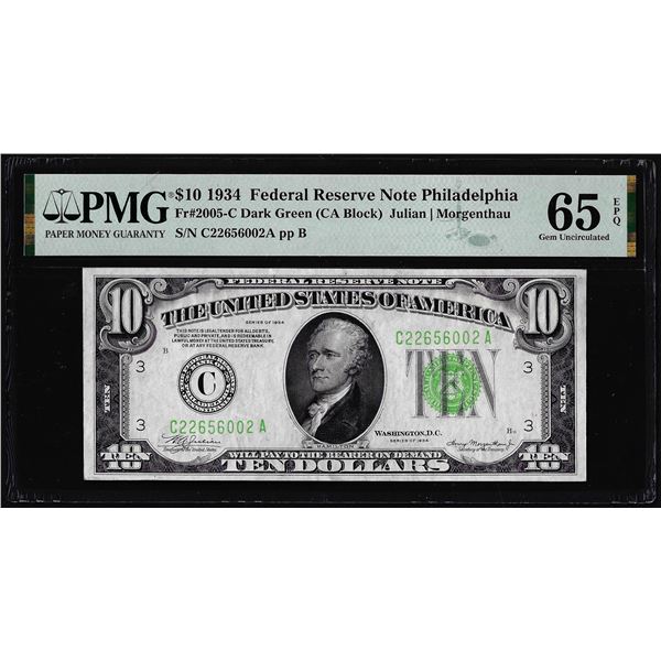 1934 $10 Federal Reserve Note Philadelphia Fr.2005-C PMG Gem Uncirculated 65EPQ