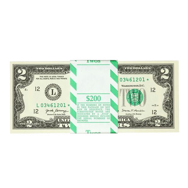 Pack of (100) Consecutive 2017A $2 Federal Reserve Star Notes San Francisco