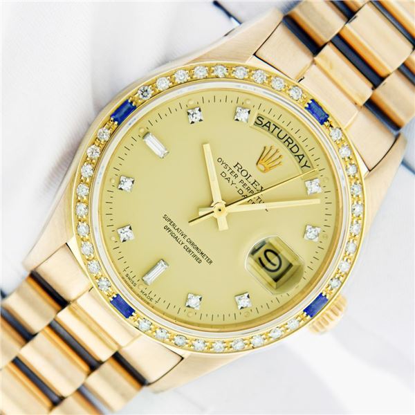 Rolex Mens 18K Yellow Gold Sapphire and Diamond Day Date President Wristwatch