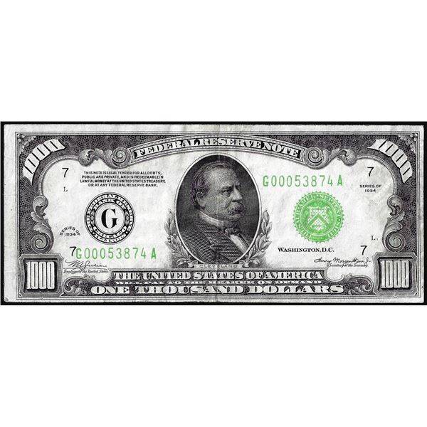 1934 $1,000 Federal Reserve Note Chicago Light Green Seal