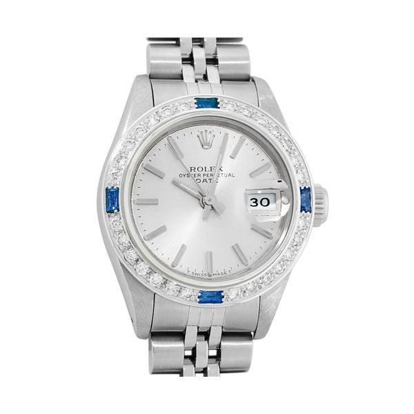 Rolex Ladies Stainless Steel Sapphire and Diamond Datejust Wristwatch