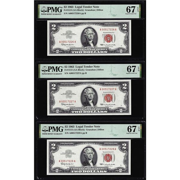 (3) Consecutive 1963 $2 Legal Tender Notes Fr.1513 PMG Superb Gem Uncirculated 67EPQ