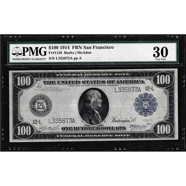 1914 $100 Federal Reserve Note San Francisco Fr.1128 PMG Very Fine 30