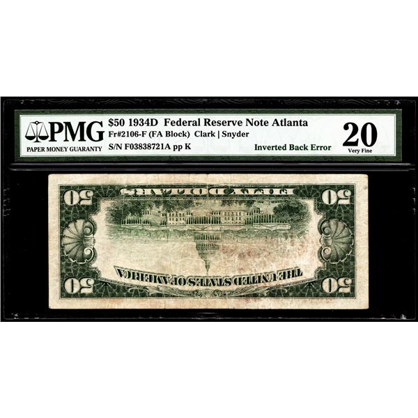 1934D $50 Federal Reserve Note Atlanta Inverted Back Error Fr.2106-F PMG Very Fine 20