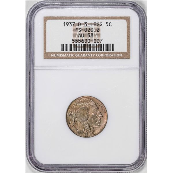 1937-D 3 Legged Buffalo Nickel Coin NGC AU58 FS-020.2 Nice Color