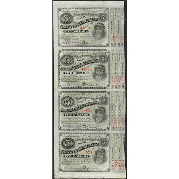 Uncut Sheet of (4) State of Louisiana Baby Bond Obsolete Notes