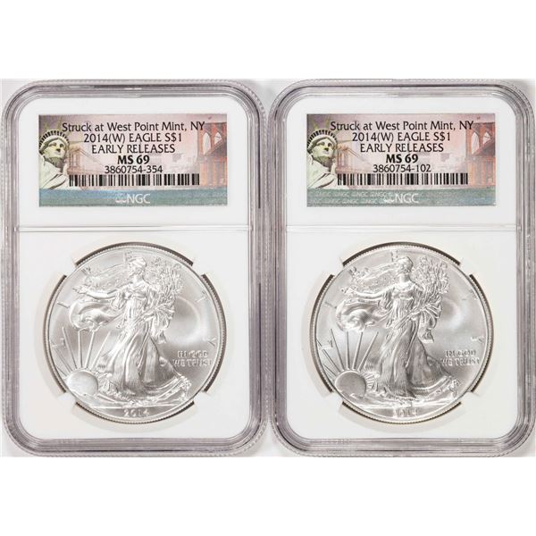 Lot of (2) 2014-(W) $1 American Silver Eagle Coins NGC MS69