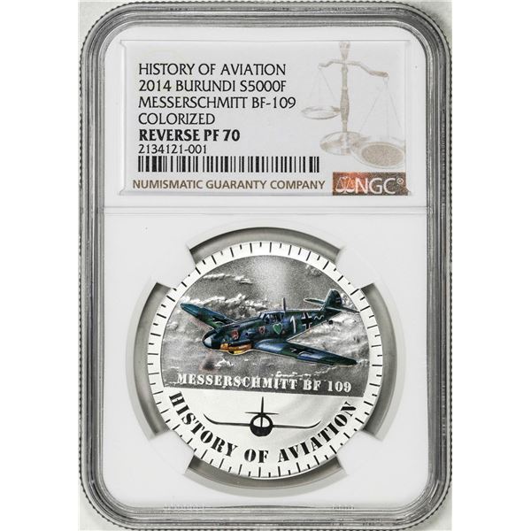 2014 Burundi 5000 Francs History of Aviation Messerschmitt Silver Coin NGC Rev. PF70