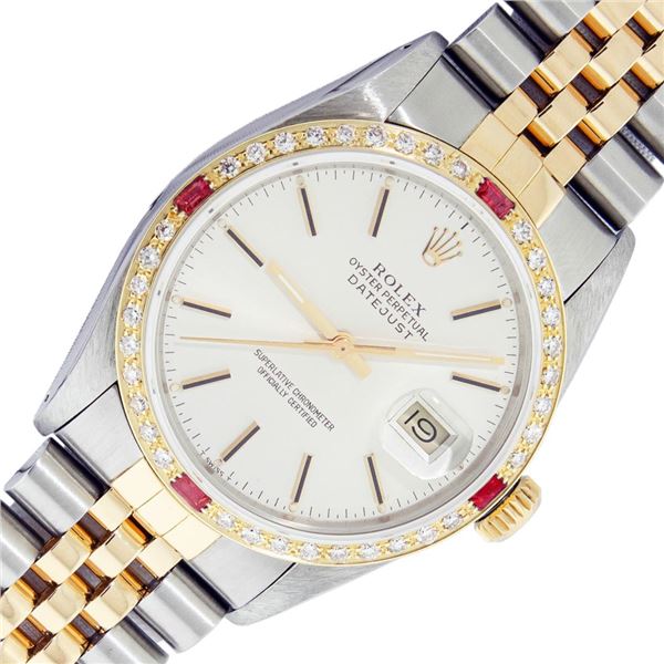 Rolex Mens Two Tone Silver Index Ruby and Diamond Datejust Wristwatch