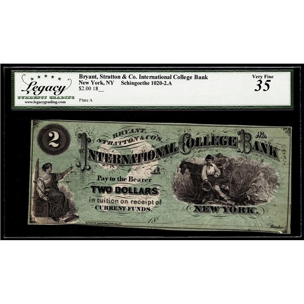 1800's $2 Bryant Statton & Co Int'l College Bank Note New York, NY Legacy Very Fine 35