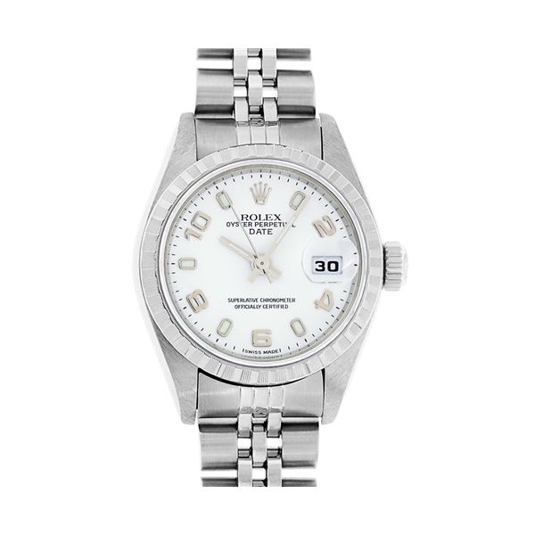 Rolex Ladies Stainless Steel White Arabic Datejust Wristwatch