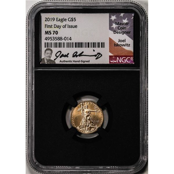 2019 $5 American Gold Eagle Coin NGC MS70 First Date Of Issue Iskowitz Signature