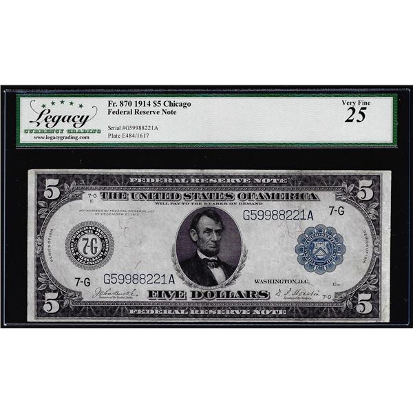 1914 $5 Federal Reserve Note Chicago Fr.870 Legacy Very Fine 25