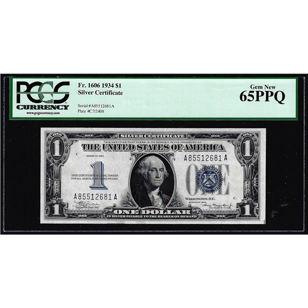 1934 $1 Funnyback Silver Certificate Note FR.1606 PCGS Gem New 65PPQ