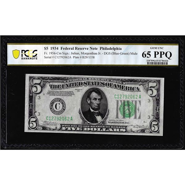 1934 $5 Federal Reserve Note Philadelphia Fr.1956-Cm PCGS Gem Uncirculated 65PPQ