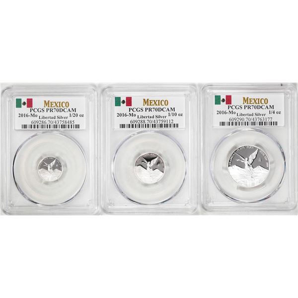 Lot of 2016-Mo Mexico Proof 1/20, 1/10 and 1/4 oz Silver Libertad Coins PCGS PR69DCAM