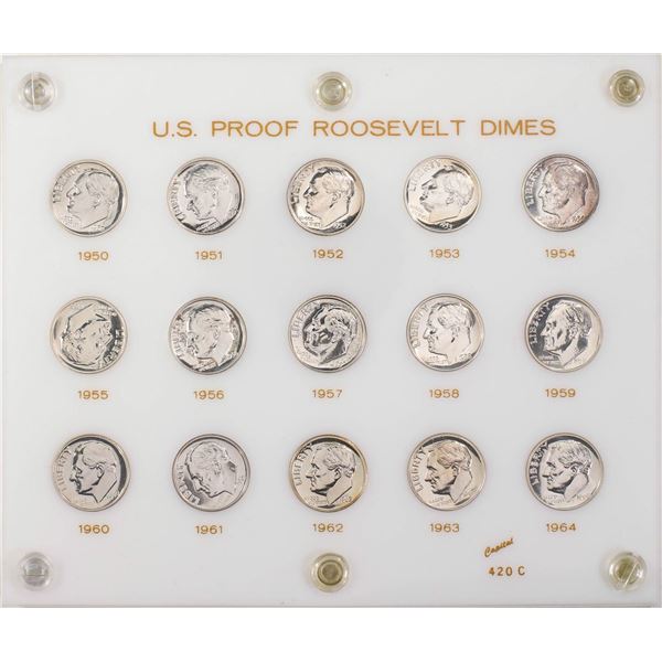 Set of 1950-1964 Proof Roosevelt Dime Coins in Capital Plastic Holder