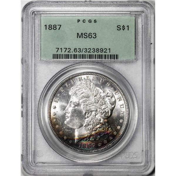 1887 $1 Morgan Silver Dollar Coin PCGS MS63 Old Green Holder Amazing Toning