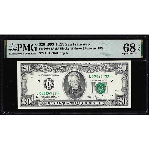 1993 $20 Federal Reserve STAR Note San Francisco Fr.2080-L* PMG Superb Gem Unci 68EPQ