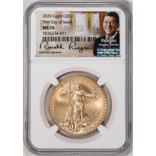 2020 $50 American Gold Eagle Coin NGC MS70 FDOI Reagan Legacy Series Signature