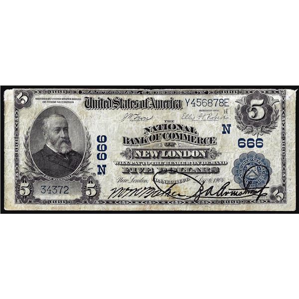 1902PB $5 The National Bank of Commerce New London, CT CH# 666 National Currency Note