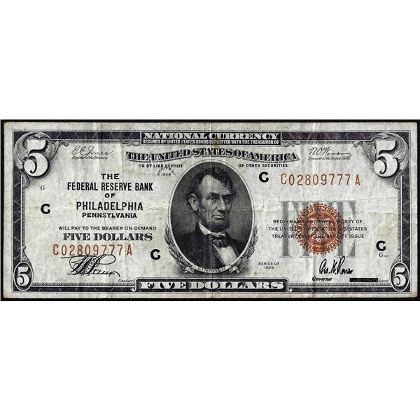 1929 $5 Federal Reserve Bank Note Philadelphia