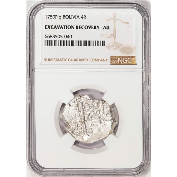 Shipwreck 1750P q Bolivia 4 Reales Silver Coin NGC AU Excavation Recovery