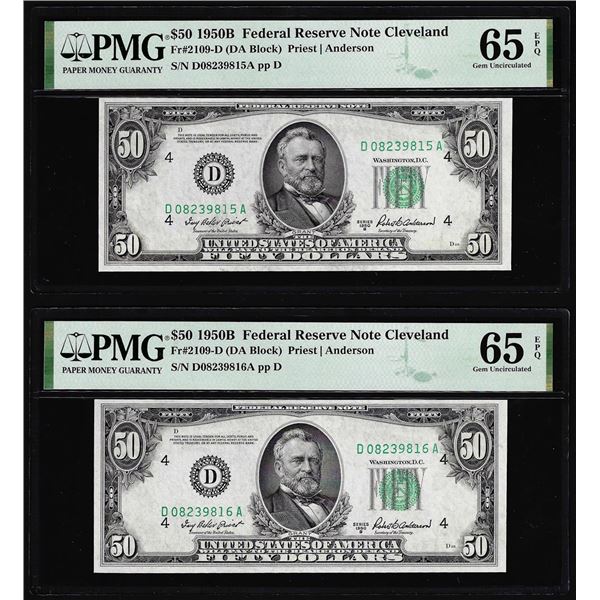 (2) Consecutive 1950B $50 Federal Reserve Notes Fr.2109-D PMG Gem Uncirculated 65EPQ