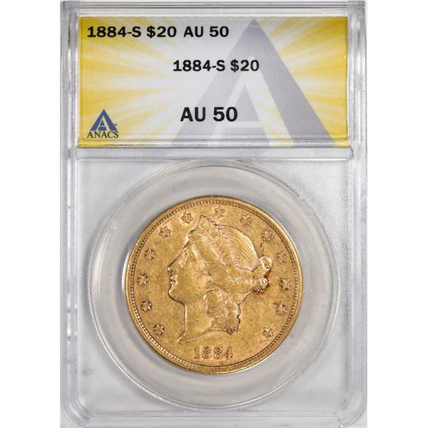 1884-S $20 Liberty Head Double Eagle Gold Coin ANACS AU50