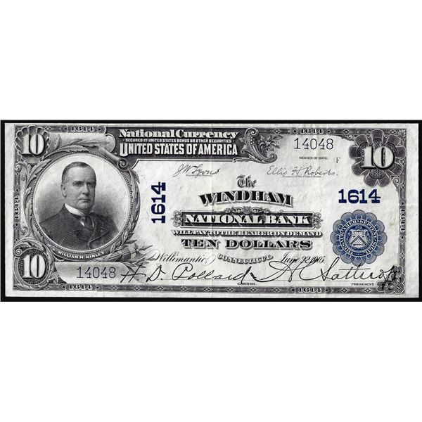 1902 $10 The Windham National Bank of Willimantic, CT CH# 1614 National Currency Note