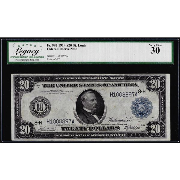 1914 $20 Federal Reserve Note St. Louis Fr. 992 Legacy Very Fine 30