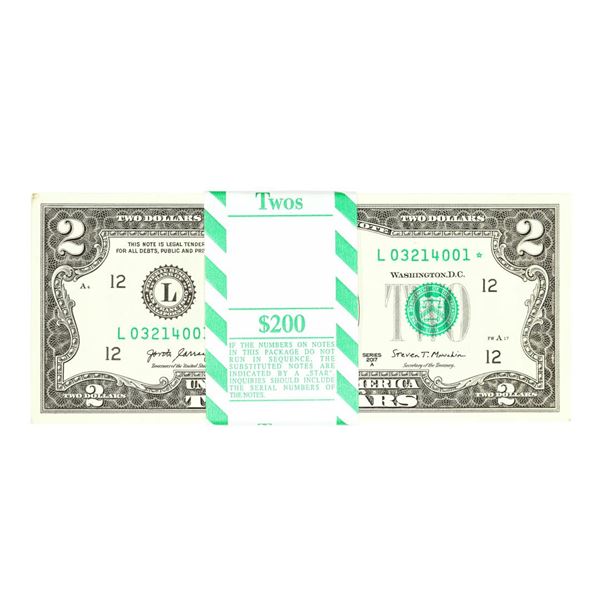 Pack of (100) Consecutive 2017A $2 Federal Reserve STAR Notes San Francisco