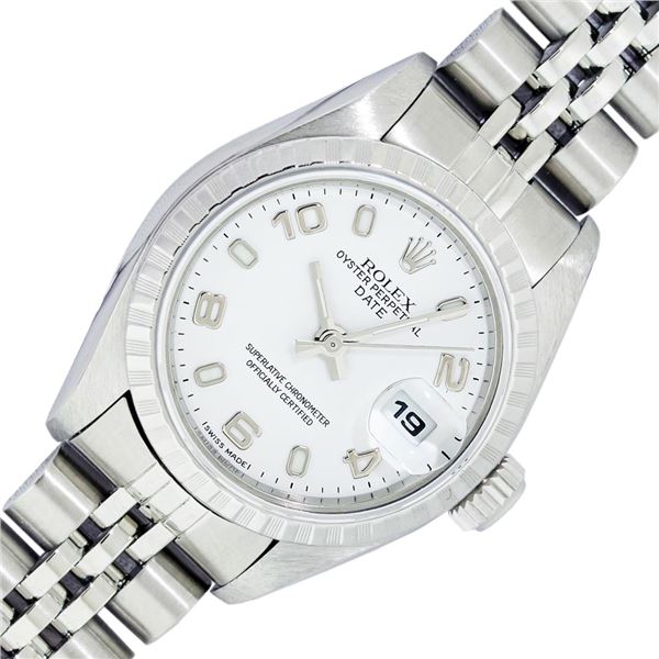 Rolex Ladies Stainless Steel White Oyster Perpetual Date Wristwatch